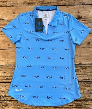 Scales Women’s Powder Blue Tropical Marlin Golf Polo Size XS NWT